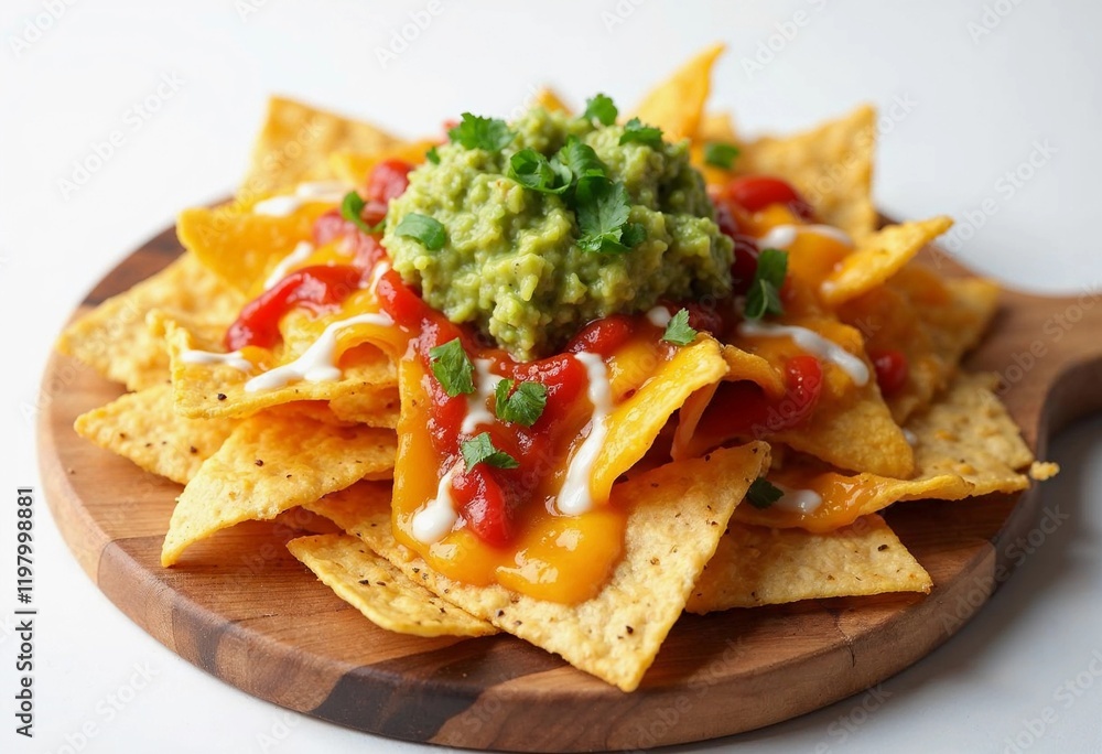 Delicious Nachos Topped With Guacamole and Salsa Served on a Wooden Platter Delicious Nachos Topped With Guacamole and Salsa Served on a Wooden Platter