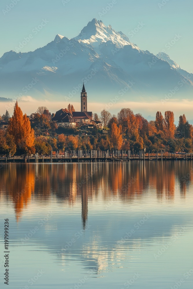 Obraz premium Serene mountain lake reflection with colorful autumn trees and distant, snow-capped peak.,