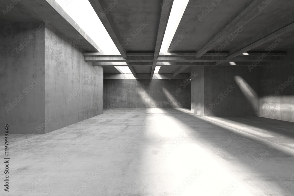 Minimalist concrete interior design with sunlight casting shadows. 3d render Minimalist concrete interior design with sunlight casting shadows. 3d render