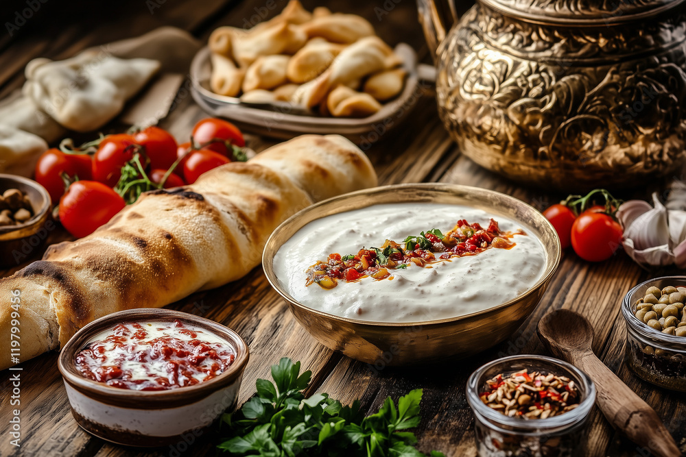 Repas libanais sur une table en bois Repas libanais sur une table en bois