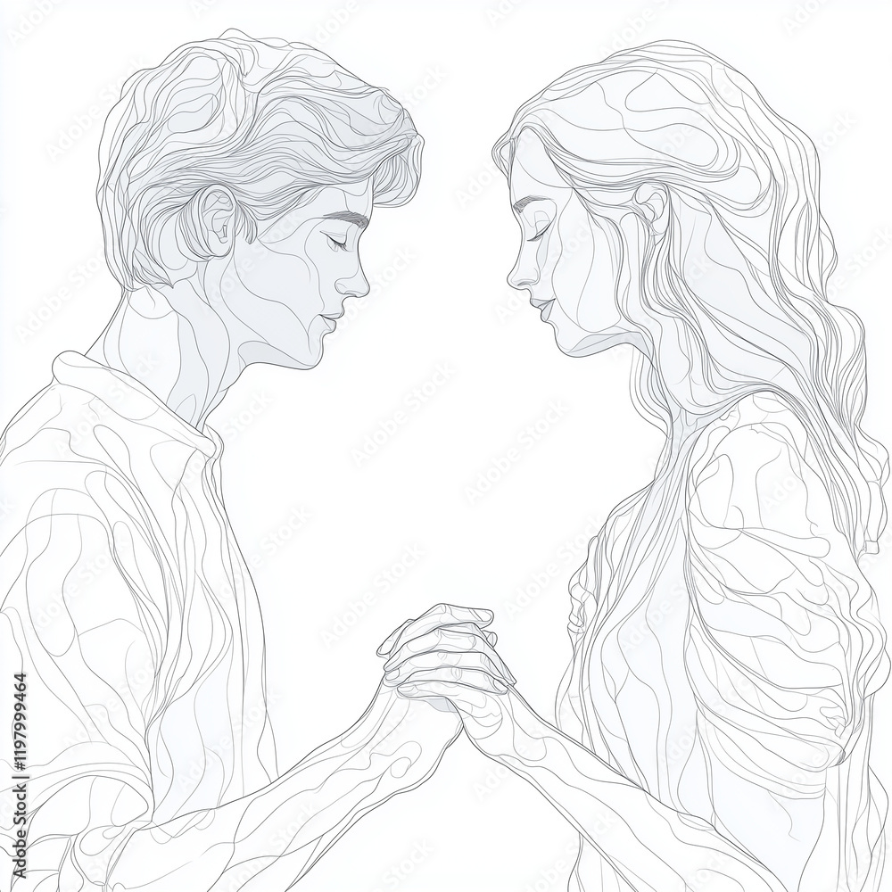 Hand-drawn contour of two lovers holding hands, simple black lines on white. Bright lighting, contrast with copy space for text Hand-drawn contour of two lovers holding hands, simple black lines on white. Bright lighting, contrast with copy space for text