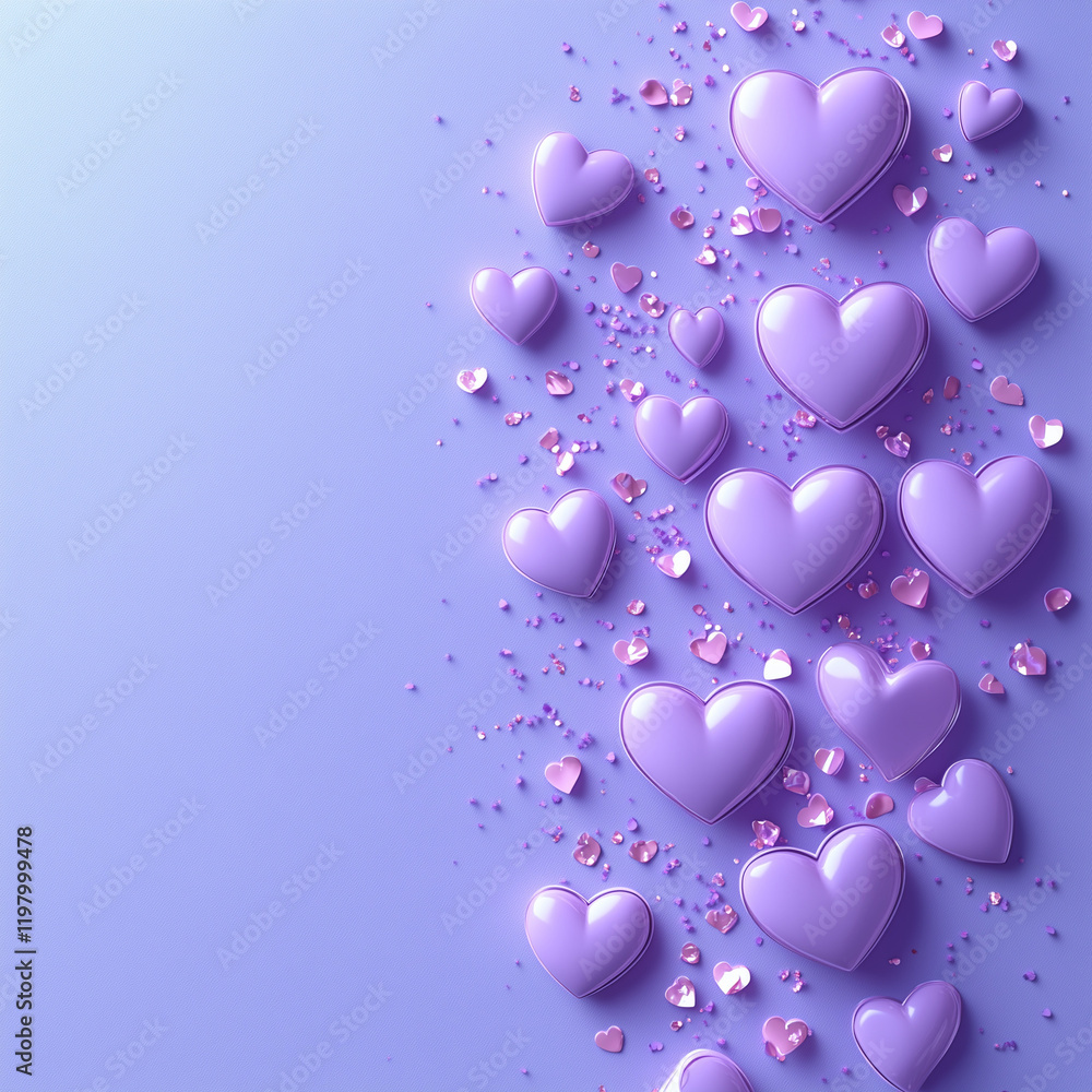 Abstract hearts scattered across a pastel purple background, simple yet elegant. Bright lighting, contrast with copy space for text Abstract hearts scattered across a pastel purple background, simple yet elegant. Bright lighting, contrast with copy space for text