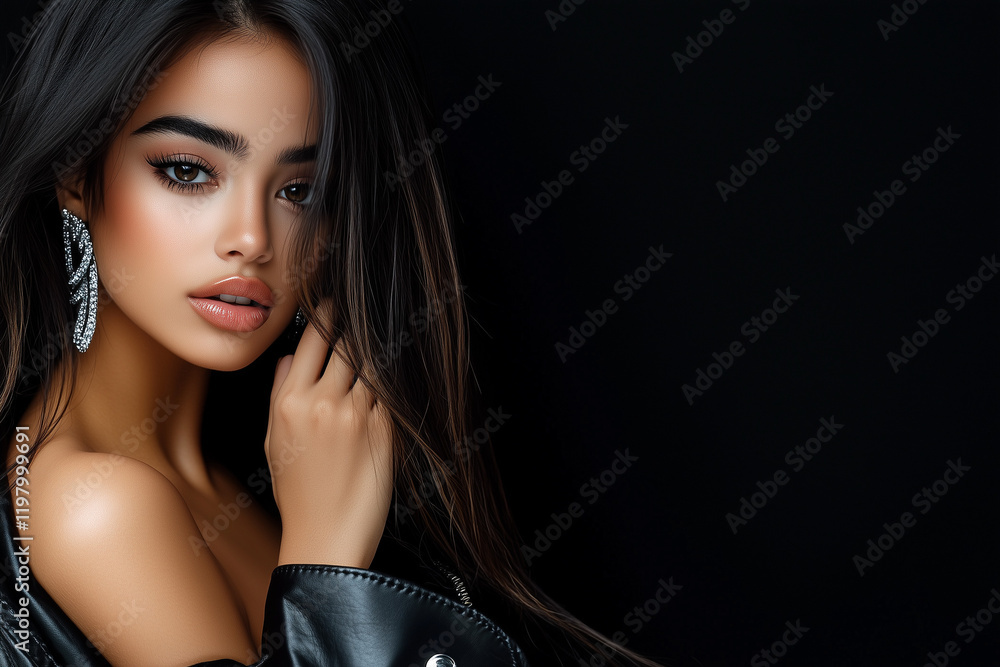 Naklejka premium Jeune femme latine glamour sur fond noir