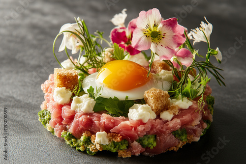 Tartare de bœuf avec un œuf et des fleurs photo