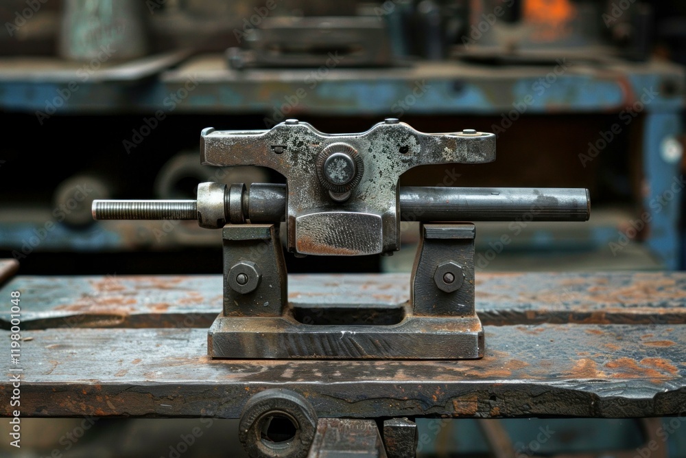Old mechanical press holding a metal rod is standing on a workbench in a workshop Old mechanical press holding a metal rod is standing on a workbench in a workshop
