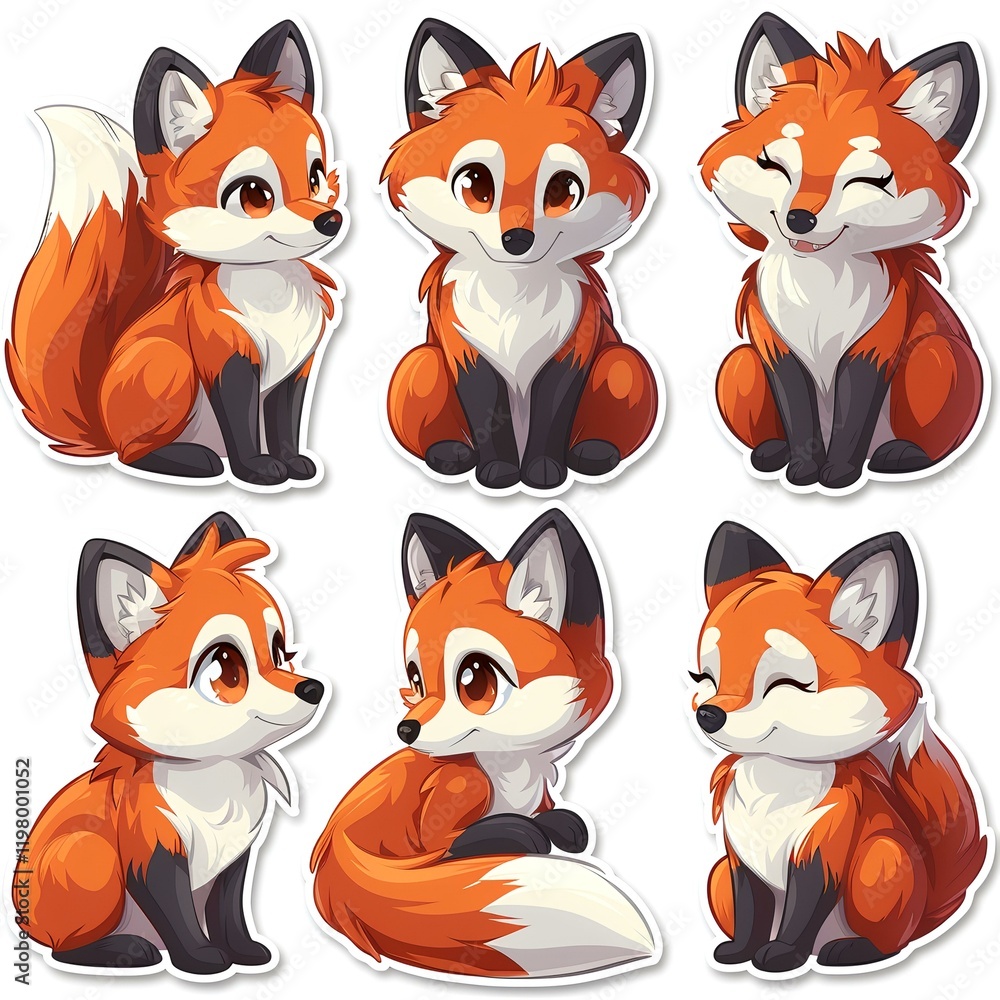 Obraz premium Six Adorable Cartoon Foxes Sitting, White Background, Children's Book Illustration