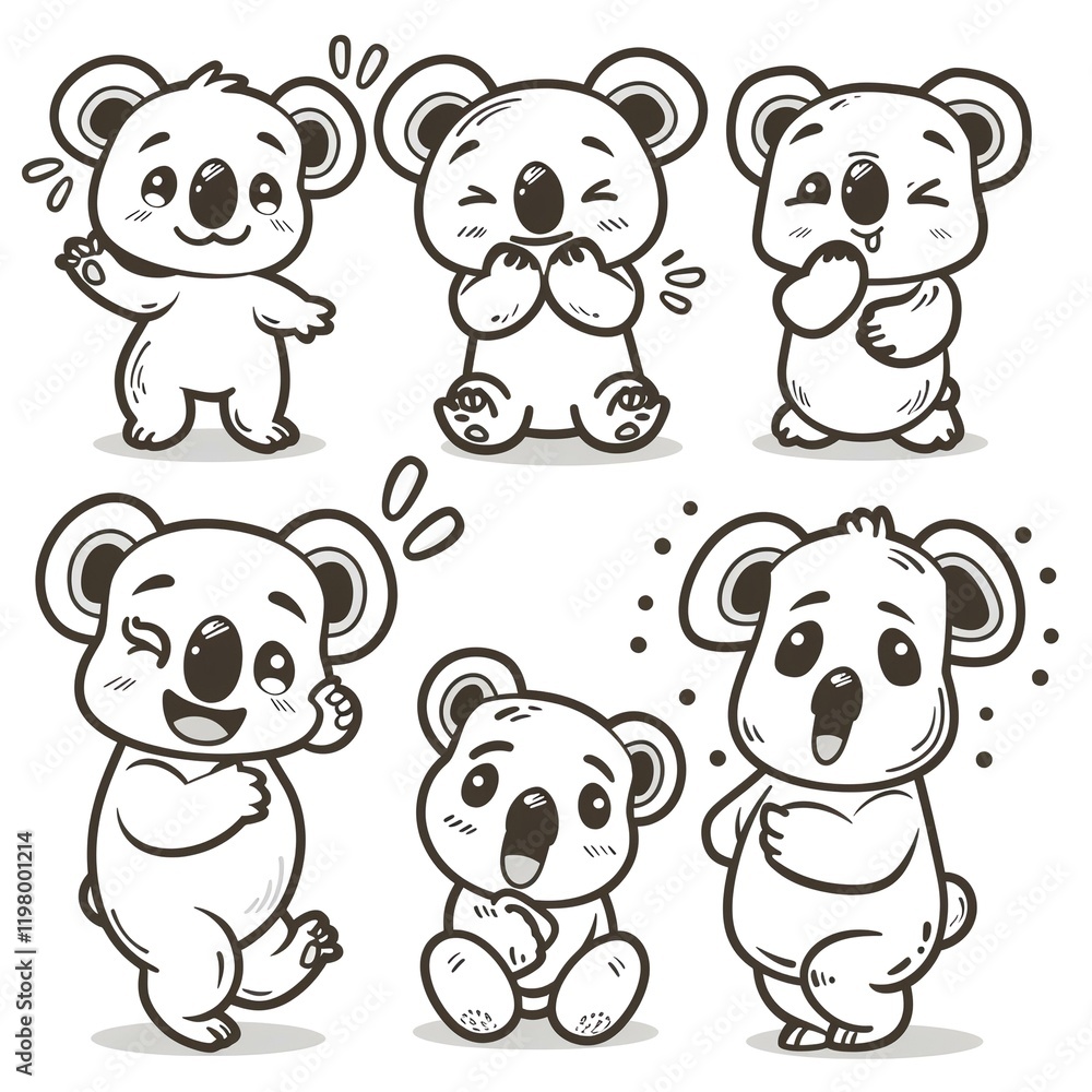 Adorable koala illustrations; various poses; white background; design elements; children's book Adorable koala illustrations; various poses; white background; design elements; children's book