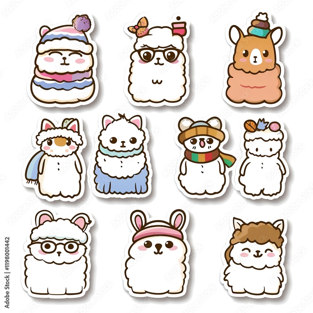 Fototapeta premium Cute Alpaca Stickers Winter Fashion Design Background
