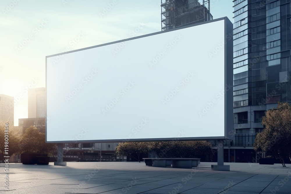 Empty white billboard for advertisement mockup in urban setting with skyscrapers and morning sunlight Empty white billboard for advertisement mockup in urban setting with skyscrapers and morning sunlight