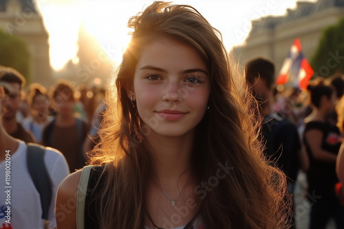 Jeune française participant à une manifestation dans la rue  photo