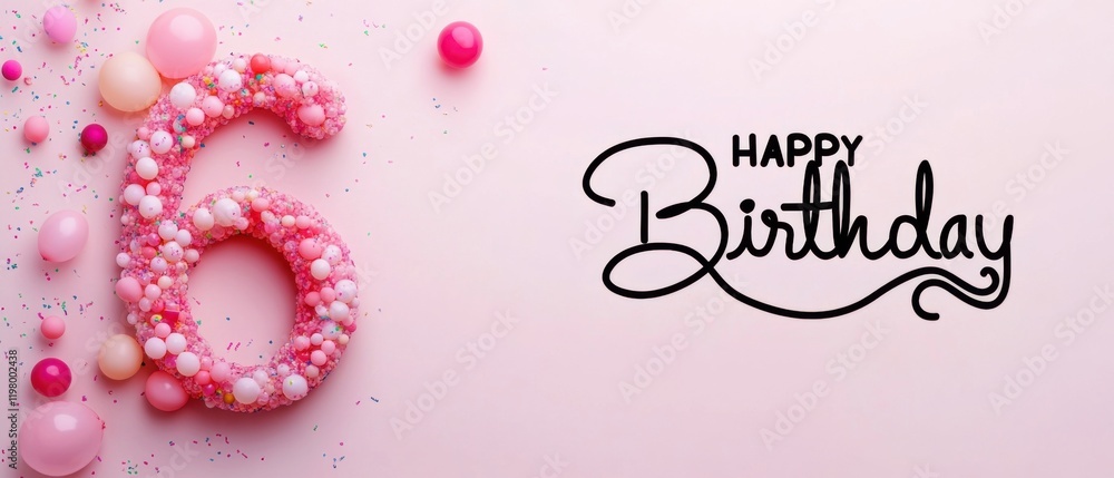 Naklejka premium Festive Pink Six Shaped Birthday Cake with Balloons and Sprinkles