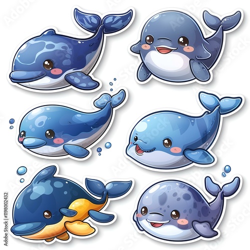 Cute cartoon whale stickers, ocean background, kids craft, digital print photo