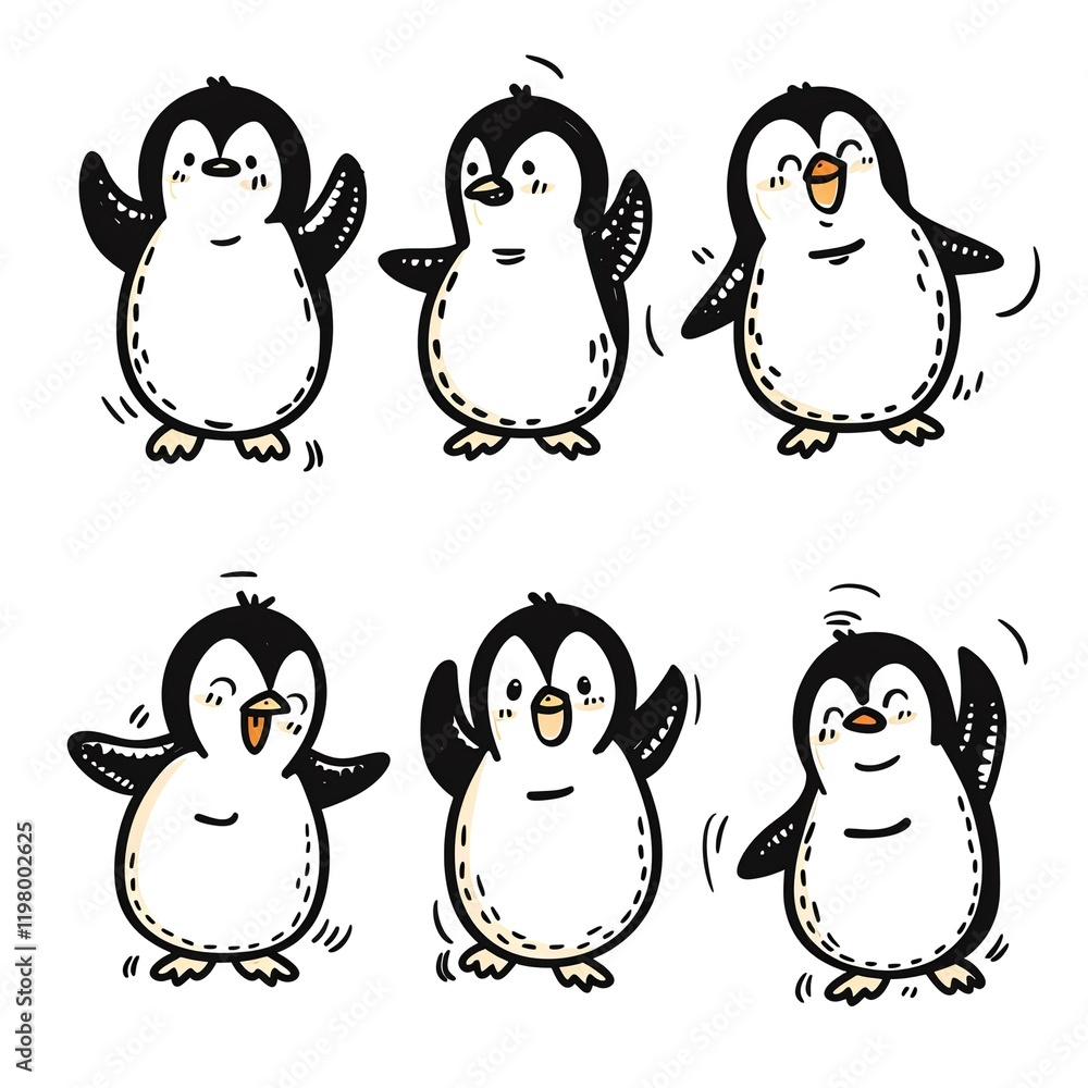 Naklejka premium Happy cartoon penguins dancing, white background, children's book illustration