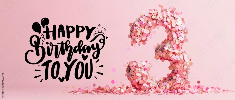 Naklejka premium Happy 3rd Birthday Pink Glitter Number Three with Confetti and Balloons