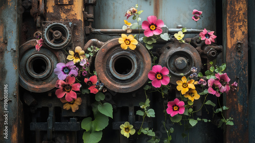 Wallpaper Mural 廃工場に咲く花々、機械の中に芽生えた命のアート Torontodigital.ca
