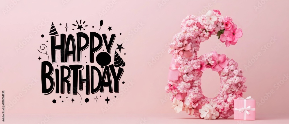 Naklejka premium Happy 6th Birthday Floral Number Six with Gift Box and Party Decorations