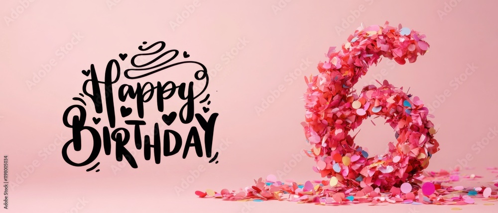 Naklejka premium Happy 6th Birthday Celebration: Pink Confetti Number Six with Festive Typography