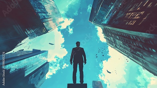 A man in a business person in two suits that pass by a jumping city surrounded by a building under the blue sky A man in a business person in two suits that pass by a jumping city  photo