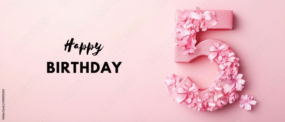 Naklejka premium Happy 5th Birthday Pink Floral Number Five Celebration Image