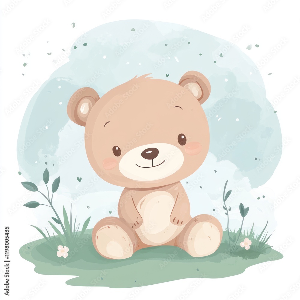 Cartoon teddy bear sitting on grass in a watercolor background, used for children design Cartoon teddy bear sitting on grass in a watercolor background, used for children design
