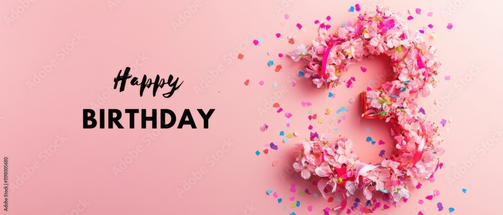 Obraz premium Festive Floral Number Three Birthday Card Design with Confetti