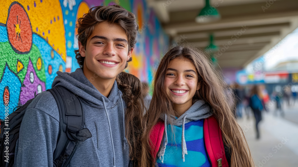 Portrait of two smiling teenagers standing near a colorful mural, friendship, school, youth, happiness Portrait of two smiling teenagers standing near a colorful mural, friendship, school, youth, happiness