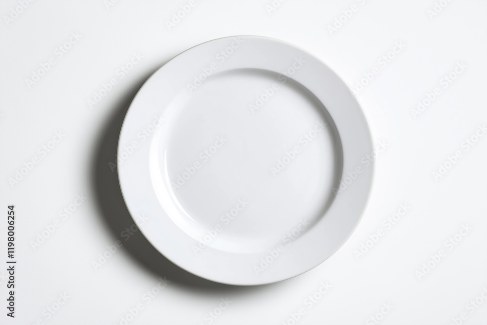Empty white plate sits on white background. Clean dish ready for food. Top view shows round plate. Simple tableware object. Studio photo. Perfect for restaurant menus, food blogs, product catalogs. Empty white plate sits on white background. Clean dish ready for food. Top view shows round plate. Simple tableware object. Studio photo. Perfect for restaurant menus, food blogs, product catalogs.