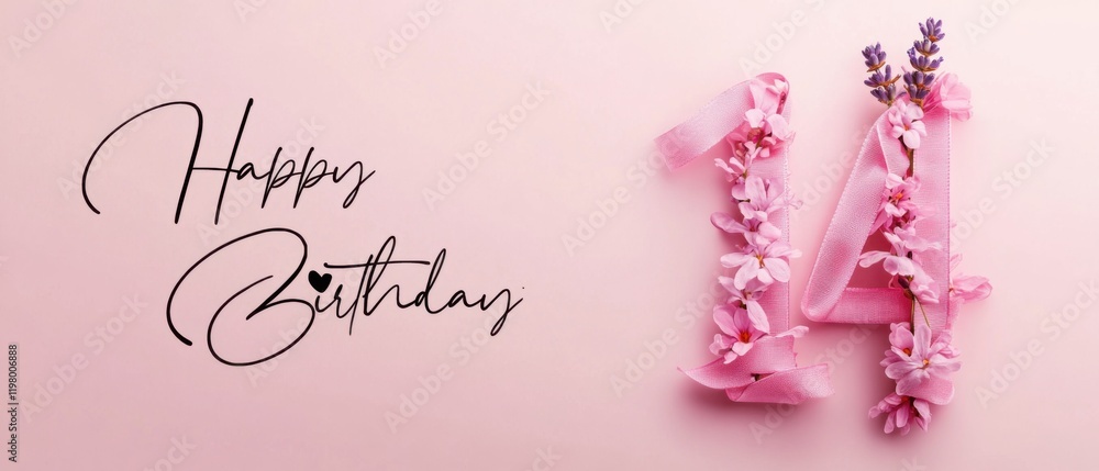 Fototapeta premium Happy 14th Birthday Floral Pink Ribbon Number Design