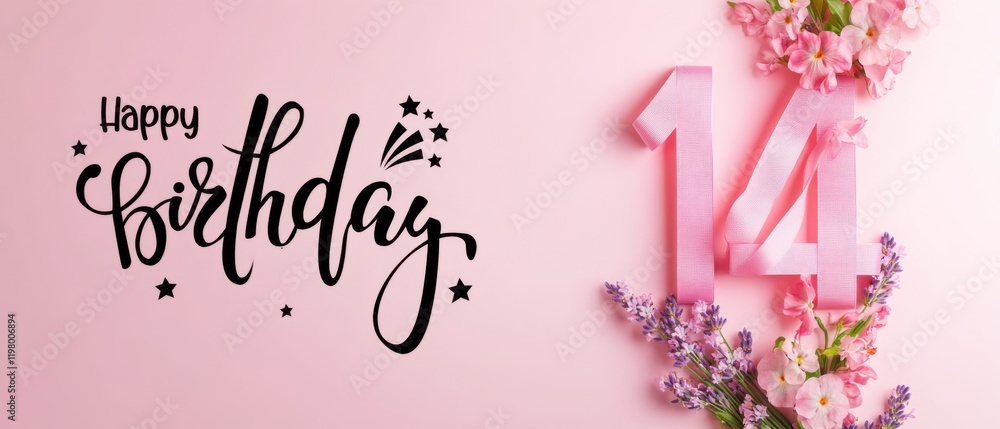 Fototapeta premium Happy 14th Birthday Pink Floral Background with Ribbon Number