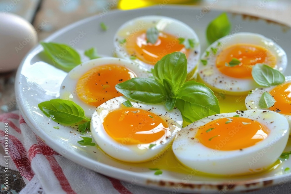 Sliced boiled eggs seasoned with fresh basil leaves, olive oil, and black pepper, creating a simple yet nutritious breakfast option Sliced boiled eggs seasoned with fresh basil leaves, olive oil, and black pepper, creating a simple yet nutritious breakfast option