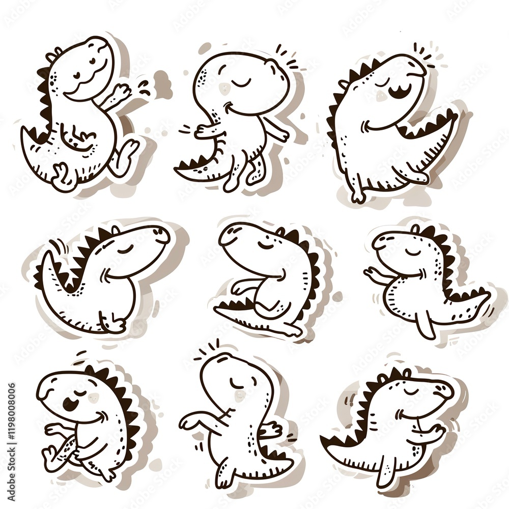 Fototapeta premium Playful Dinosaur Illustrations Dancing, Happy, White Background, for Kids' Designs