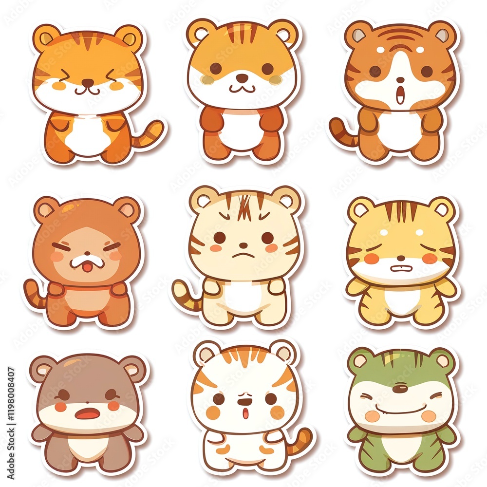 Nine Cute Cartoon Tiger Stickers Showing Emotions Nine Cute Cartoon Tiger Stickers Showing Emotions