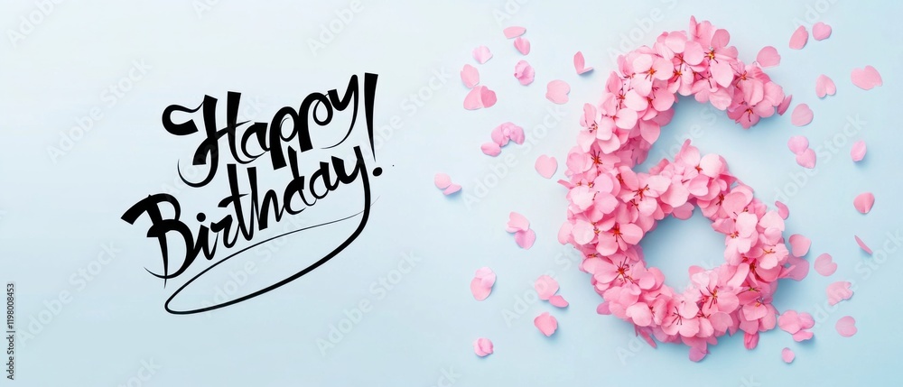 Naklejka premium Happy 6th Birthday Floral Number Six Pink Flowers Festive Celebration