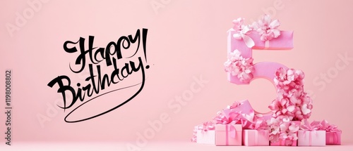 Festive Fifth Birthday: Pink Floral Number Five with Gifts