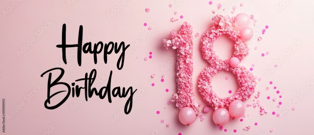 Naklejka premium Happy 18th Birthday Floral Number with Pink Balloons and Confetti