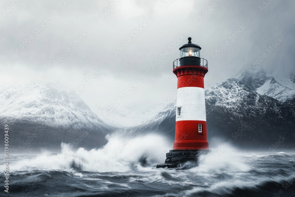 A lighthouse standing strong against crashing waves during a storm, with water splashing high up the structure A lighthouse standing strong against crashing waves during a storm, with water splashing high up the structure