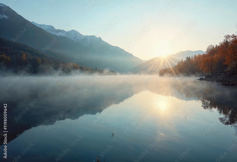 Fototapeta premium Captivating Sunrise Over a Tranquil Mountain Lake With Mist and Reflections