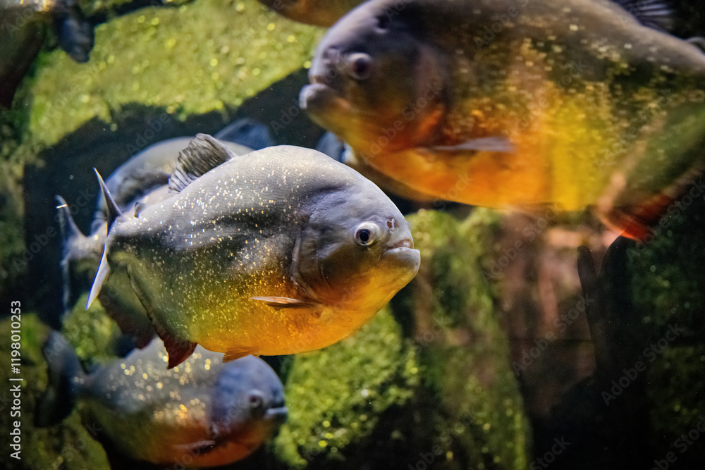 School of predatory red piranhas in a freshwater aquarium School of predatory red piranhas in a freshwater aquarium