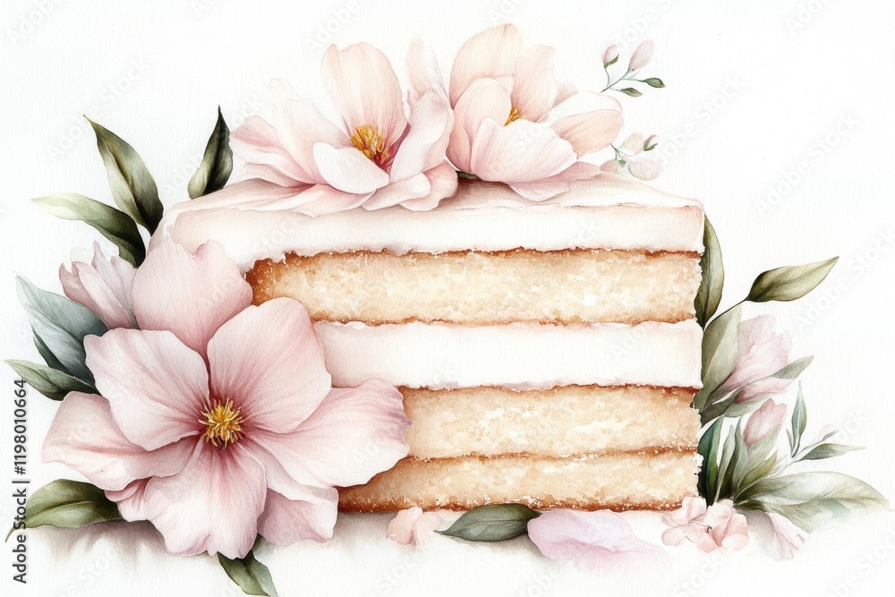 A minimalist drawing of a cake slice with soft pastel colors and delicate floral details, set against a white background A minimalist drawing of a cake slice with soft pastel colors and delicate floral details, set against a white background
