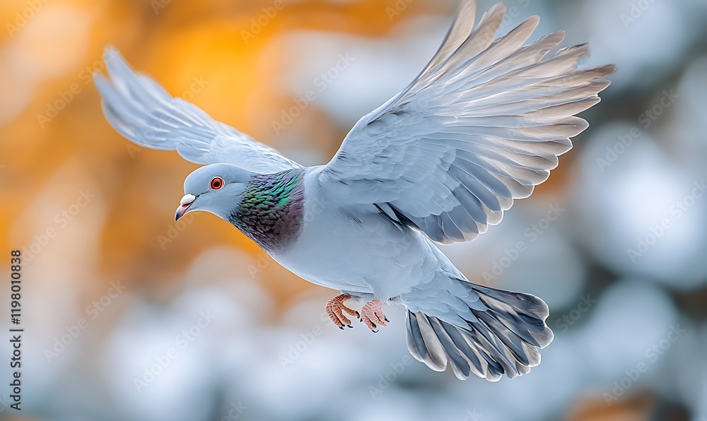 A graceful pigeon in flight against a blurred autumnal background A graceful pigeon in flight against a blurred autumnal background