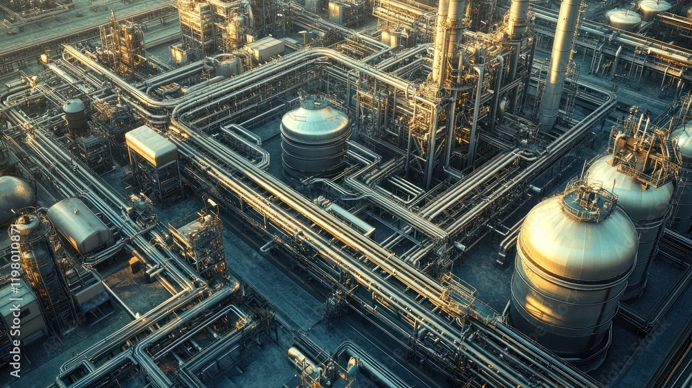 Industrial facility with complex piping system and storage tanks at sunset. Generative AI Industrial facility with complex piping system and storage tanks at sunset. Generative AI