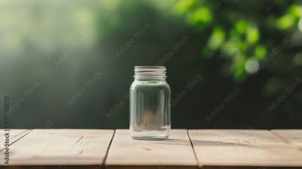 Empty glass jar on wooden table outdoors. Empty glass jar on wooden table outdoors.