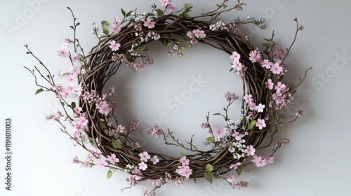 Beautiful spring wreath adorned with pink flowers and delicate greenery on a plain background. Generative AI