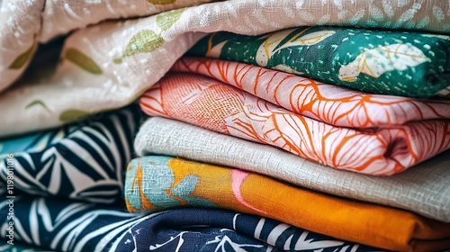 A neatly folded stack colorful clothes in various fabrics and shades, perfect for laundry, organization, and fashion-themed projects photo