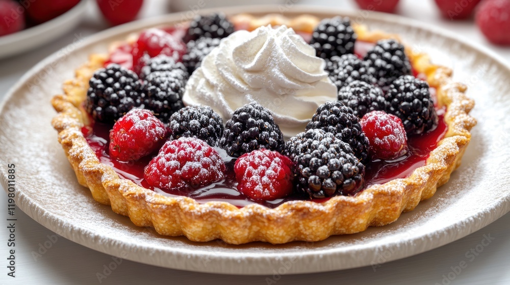 Delicious berry tart topped with whipped cream and fresh fruit in a bright setting. Generative AI Delicious berry tart topped with whipped cream and fresh fruit in a bright setting. Generative AI