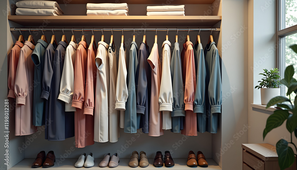 Tidy wardrobe with neatly arranged clothes Tidy wardrobe with neatly arranged clothes