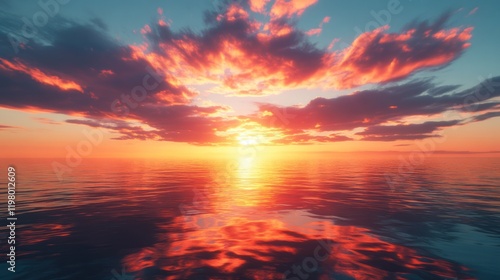 Colorful sunset over calm ocean water reflecting vibrant clouds in a serene landscape. Generative AI
