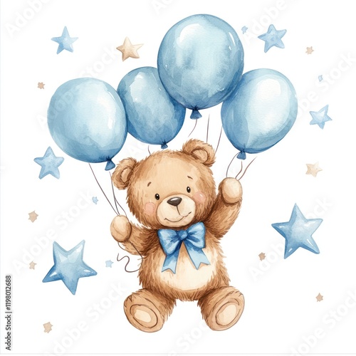 Cute teddy bear floating with blue balloons and stars; baby shower invitation