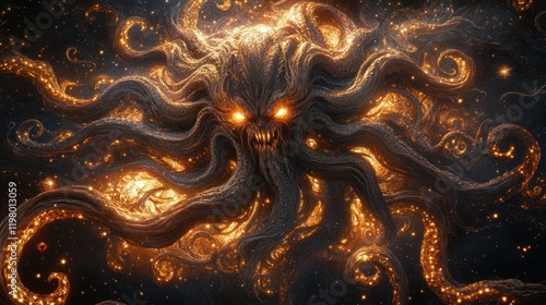 Mysterious cosmic creature with glowing eyes and swirling tentacles in dark space. Generative AI photo