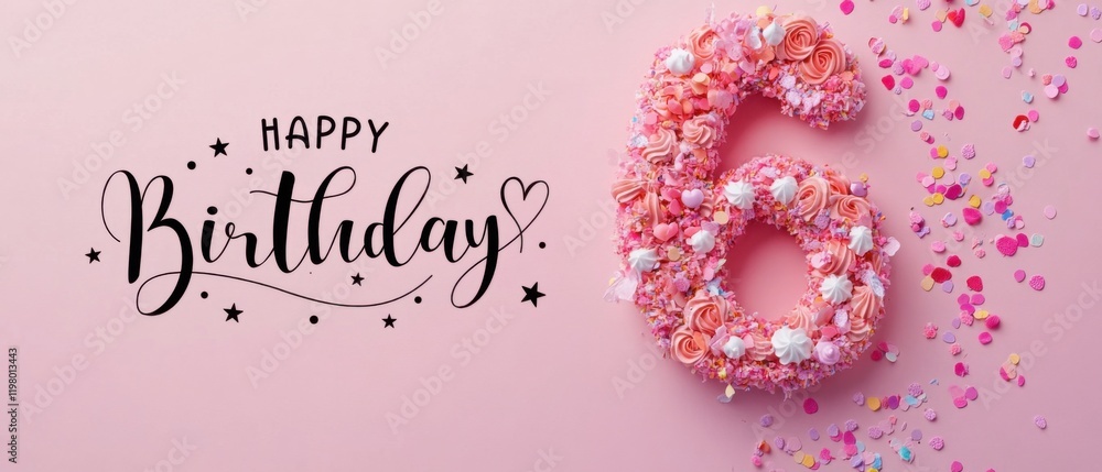 Naklejka premium Happy 6th Birthday Cake with Pink Sprinkles and Confetti